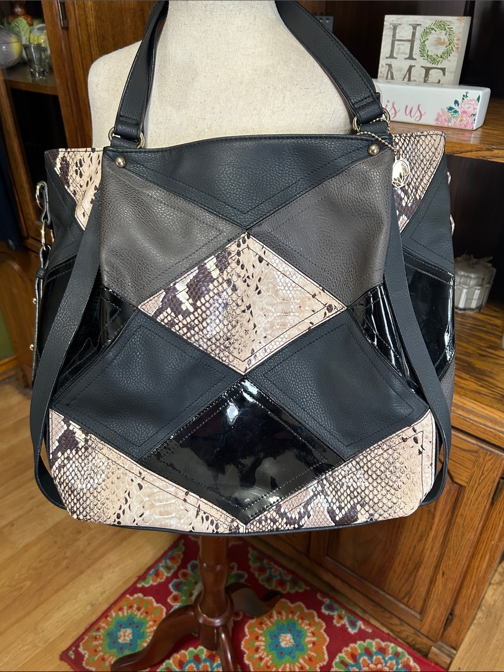 Big Buddha Black & Taupe Snake Patchwork Tote New